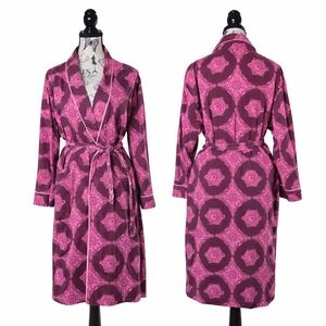 BedHead Pajamas Robe Womens S/M Plum Pink Damask Cotton Wrap Belted Loungewear
